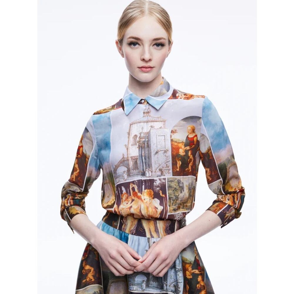 Alice + Olivia Willa Renaissance Patchwork Silk Shirt Sunday Dreaming Size Small